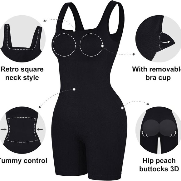 Shapewear Jumpsuits for Women Built-in Bra Square Neck Rompers Shorts Bodycon Bo - Picture 3 of 4